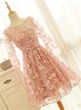 Picture of Pink Long Sleeves Lace Wedding Party Dresses, Charming Party Dresses